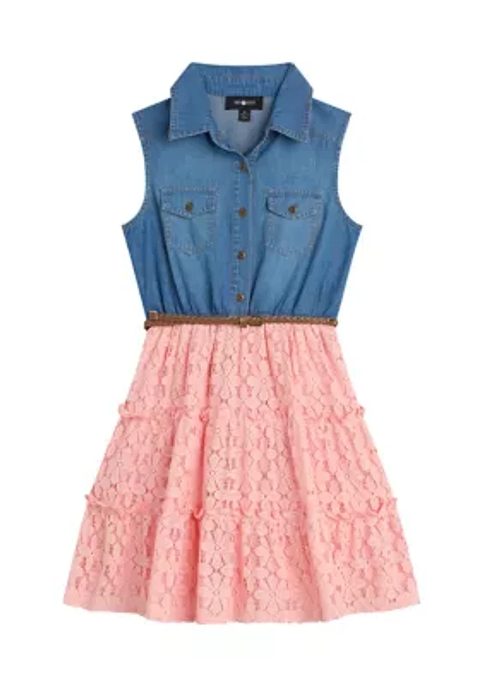 Girls 7-16 Denim Topper Dress with Printed Skirt