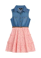 Girls 7-16 Denim Topper Dress with Printed Skirt