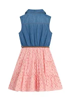 Girls 7-16 Denim Topper Dress with Printed Skirt