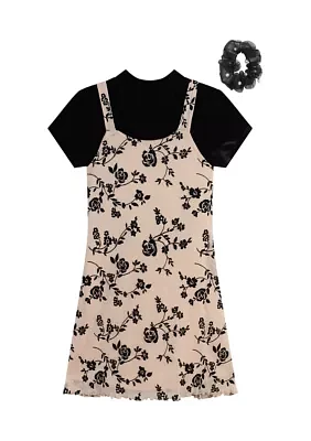 Girls 7-16 Printed Jumper Dress with Scrunchie