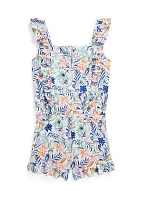 Girls 7-16 Tropical Print Ruffled Cotton Romper