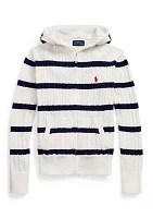 Girls 7-16 Striped Cotton Hooded Full Zip Sweater