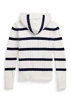 Girls 7-16 Striped Cotton Hooded Full Zip Sweater