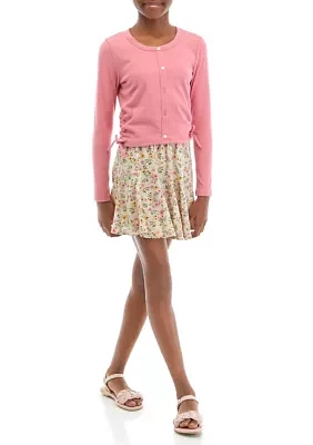 Girls 7-16 Side Tie Top and Printed Skirt Set