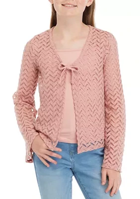 Girls 7-16 Crochet Knit Cardigan