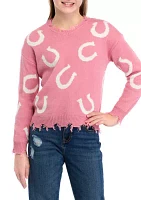 Girls 7-16 Horseshoe Printed Frayed V-Neck Sweater