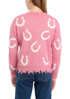 Girls 7-16 Horseshoe Printed Frayed V-Neck Sweater