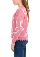 Girls 7-16 Horseshoe Printed Frayed V-Neck Sweater