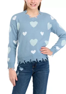 Girls 7-16 Heart Printed Frayed V-Neck Sweater