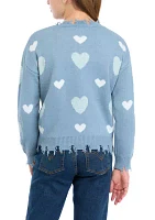 Girls 7-16 Heart Printed Frayed V-Neck Sweater