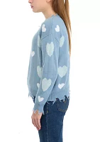 Girls 7-16 Heart Printed Frayed V-Neck Sweater