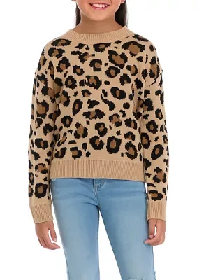 Girls 7-16 Animal Printed Crew Neck Sweater