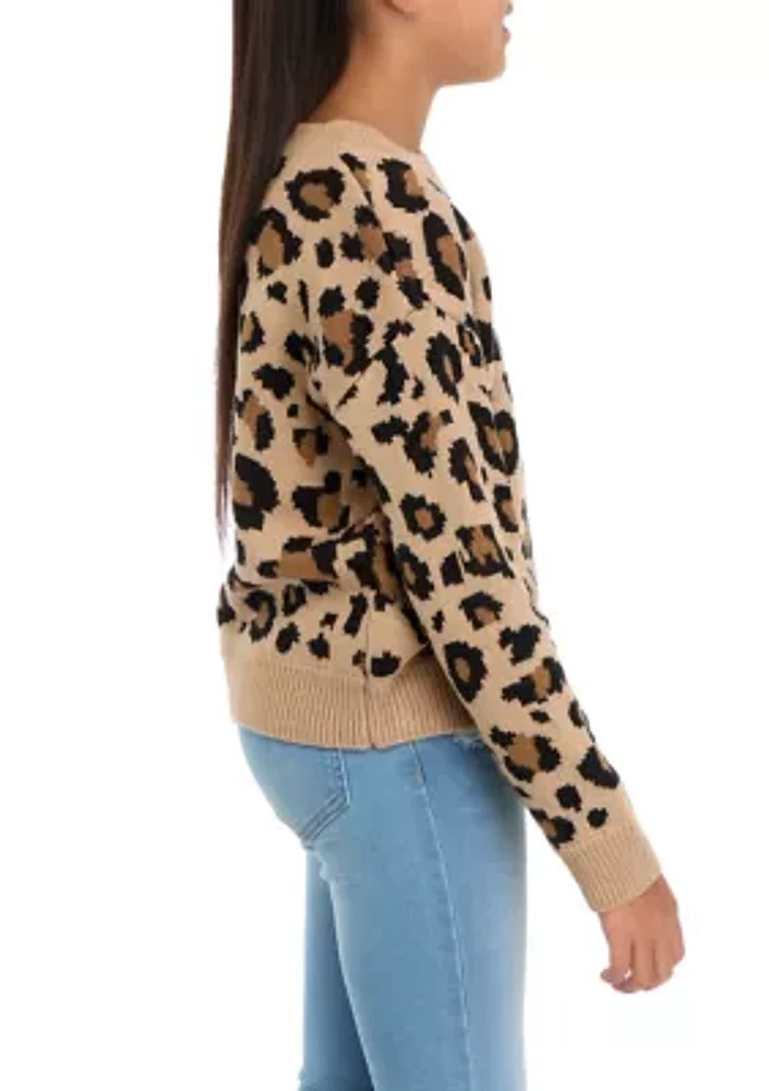 Girls 7-16 Animal Printed Crew Neck Sweater