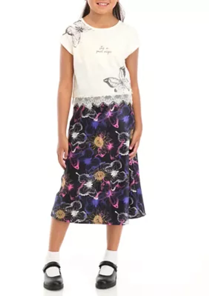 Girls 7-16 Oversized Graphic T-Shirt and Printed Satin Skirt Set