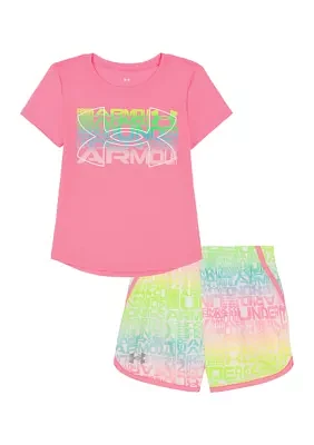 Girls 4-6x Pink Logo T-Shirt with Rainbow Print Shorts