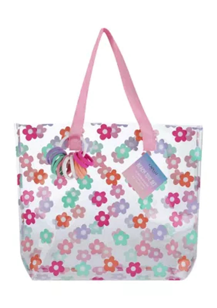 Girls Daisies Jelly Tote with 12 Pack Hosiery Pony Ring Set