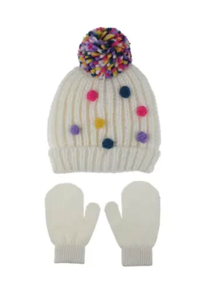 Toddler Girls All Over Poms Beanie and Gloves Set