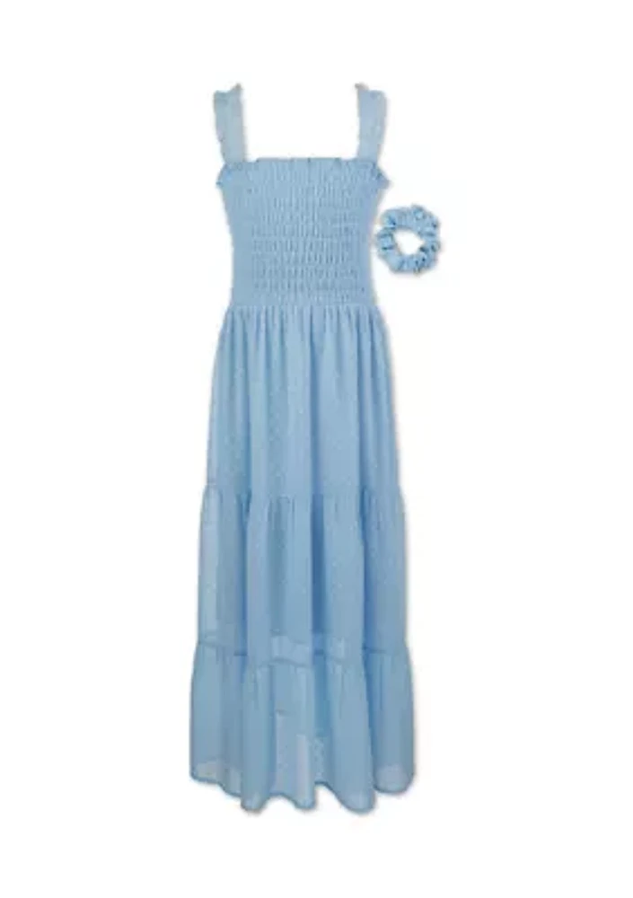 Girls 7-16 Clip Dot Chiffon Maxi Dress with Scrunchie