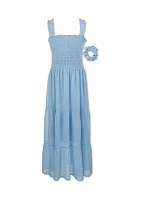 Girls 7-16 Clip Dot Chiffon Maxi Dress with Scrunchie