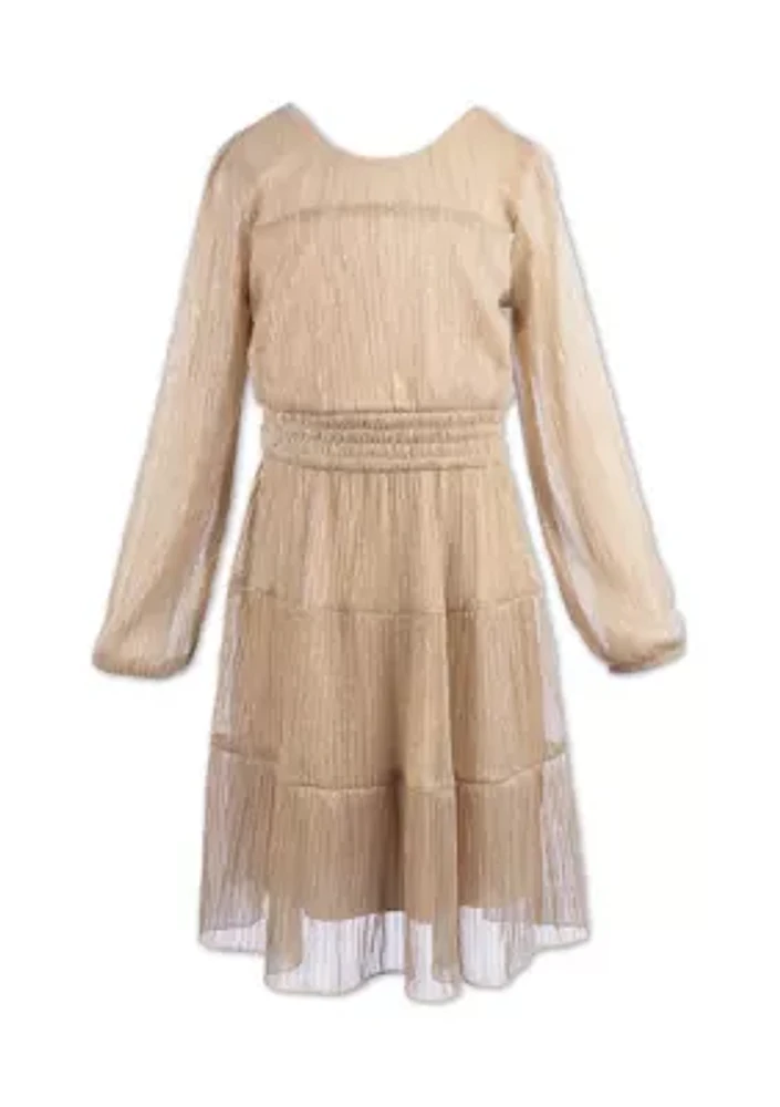 Girls 7-16 Long Sleeve Metallic Smocked Waist Dress