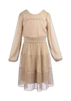 Girls 7-16 Long Sleeve Metallic Smocked Waist Dress