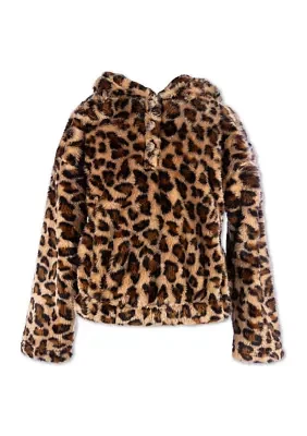 Girls 7-16 Leopard Printed 3 Button Fur Jacket