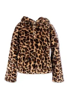 Girls 7-16 Leopard Printed 3 Button Fur Jacket