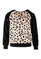 Girls 7-16 Leopard Hearts Printed Fur Pullover