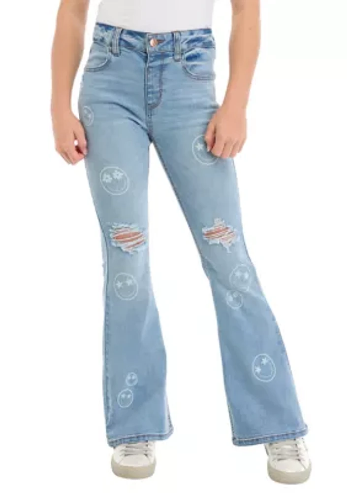 Girls 7-16 Smiley Face Ripped Flare Jeans