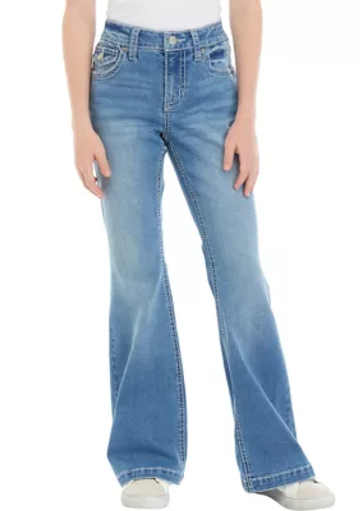 Girls 7-16 Heavy Stitched Back Flap Flare Jeans