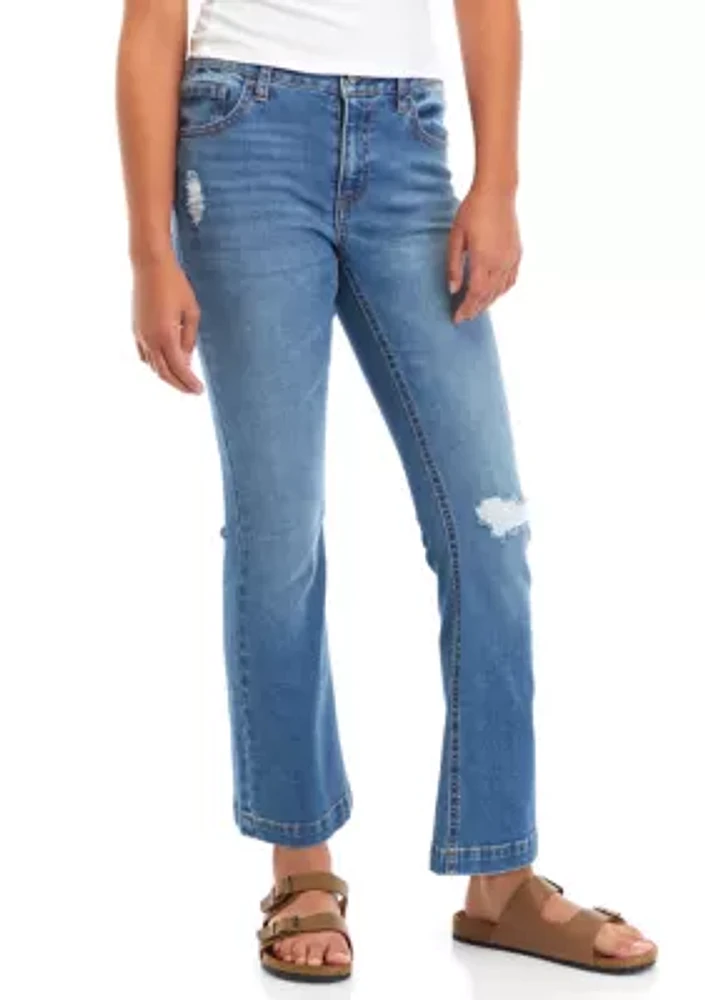 Girls 7-16 Knee Destructed Flare Jeans with Back Pocket Embroidery