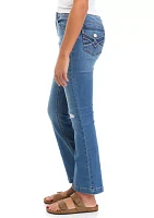 Girls 7-16 Knee Destructed Flare Jeans with Back Pocket Embroidery