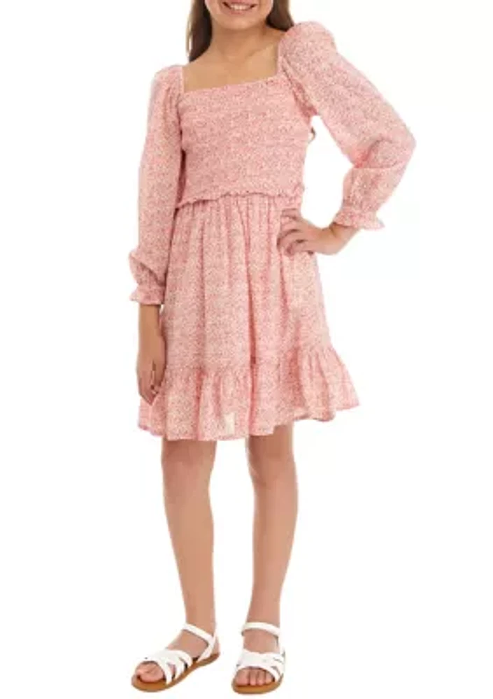 Girls 7-16 Smocked Long Sleeve Ruffle Dress