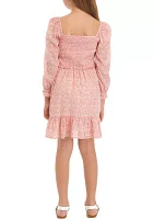 Girls 7-16 Smocked Long Sleeve Ruffle Dress