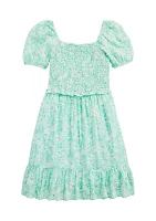 Girls 7-16 Puff Sleeve Smocked Dress