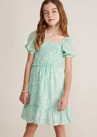 Girls 7-16 Puff Sleeve Smocked Dress