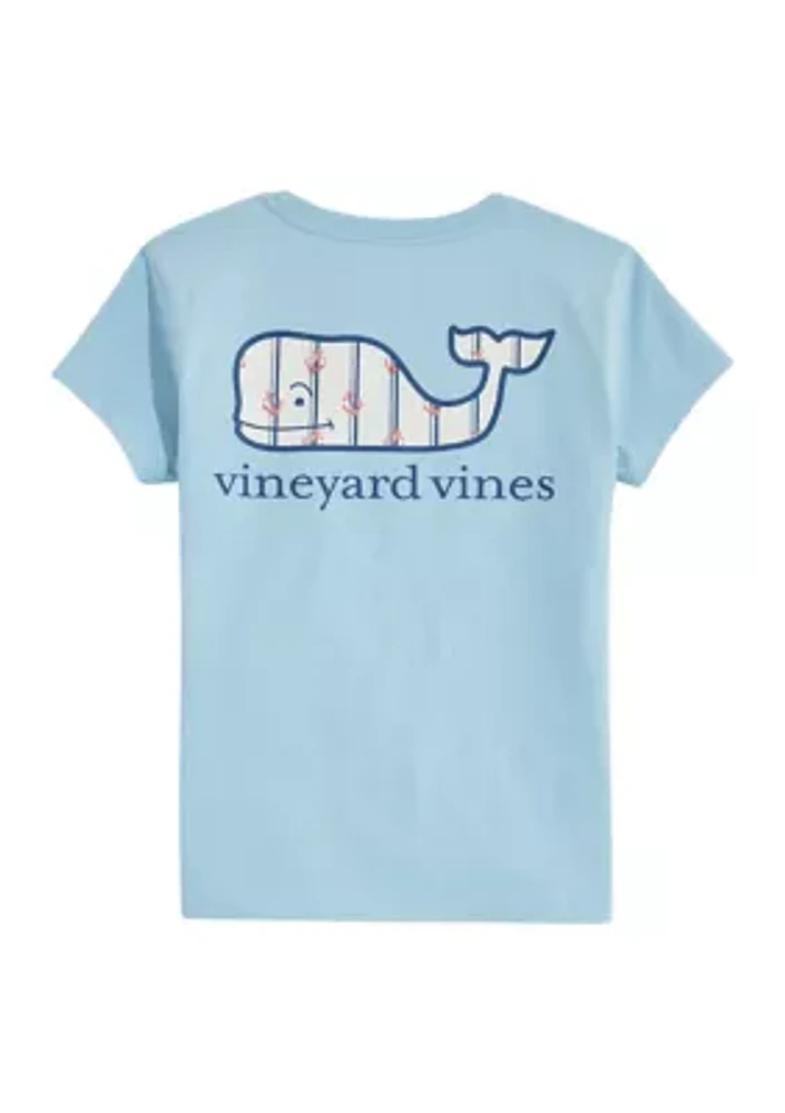 Girls 7-16 Double Vine Stripe Anchors Whale Fill Short Sleeve Pocket T-Shirt