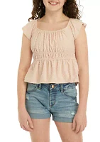 Girls 7-16 Cinch Waist Flutter Sleeve Top