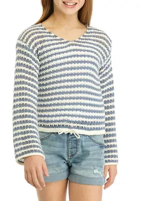 Girls 7-16 Pointelle Drop Shoulder Striped Sweater