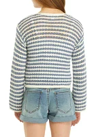 Girls 7-16 Pointelle Drop Shoulder Striped Sweater