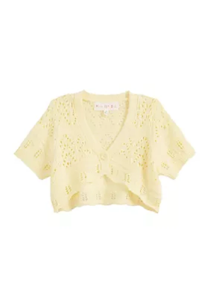 Girls 4-6x Short Sleeve Pointelle Cropped Cardigan