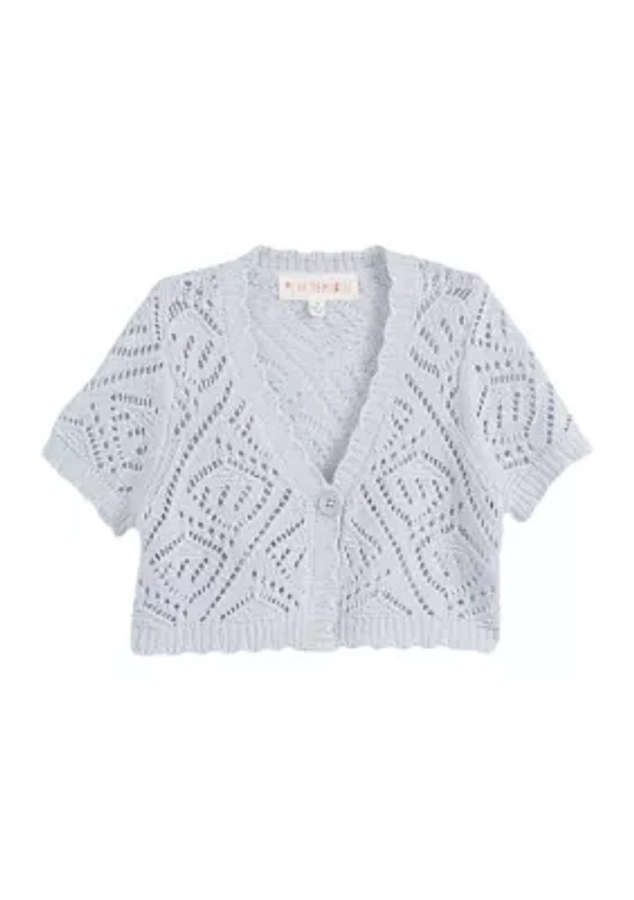 Girls 4-6x Short Sleeve Jacquard Cropped Cardigan