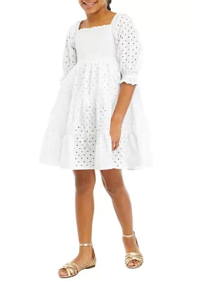 Girls 7-16 Eyelet Smocked Dress