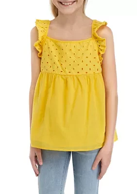 Girls 7-16 Woven Eyelet Flutter Sleeve Tank Top