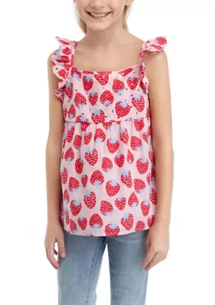 Girls 7-16 Printed Woven Flutter Sleeve Tank Top