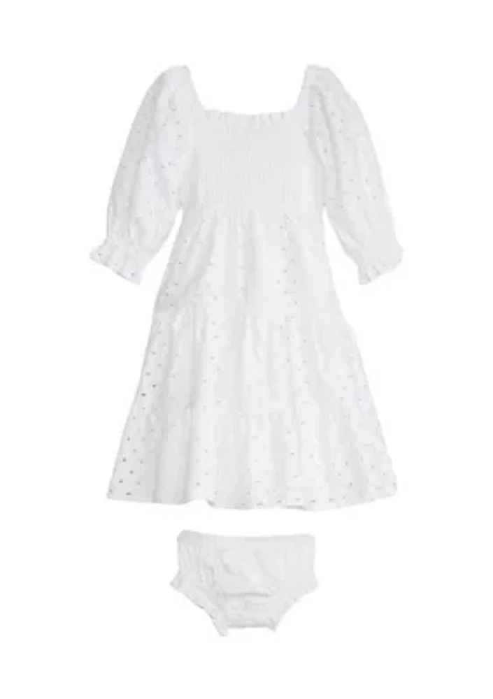 Girls 4-6x 3/4 Sleeve Eyelet Smocked Dress