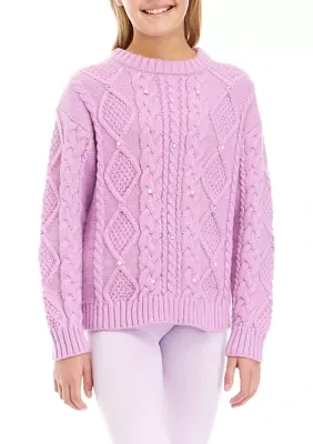 Girls 7-16 Pearl Embellished Cable Knit Sweater