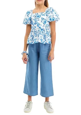 Girls 4-6x Poplin Puff Sleeve Blouse and Chambray Pants Set