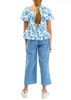 Girls 4-6x Poplin Puff Sleeve Blouse and Chambray Pants Set