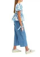 Girls 4-6x Poplin Puff Sleeve Blouse and Chambray Pants Set